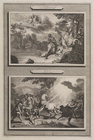KG 12122
          <br/>
          Illustraties uit de Bijbel van Martin, Handelingen VIII.Vs.38., IX.Vs.4.5. Kamerling v. Kandate gedoopt & Paulus bekeerd
          <br/>
          <em>Scherm, Lorenz (werkz. ca 1700)</em>
